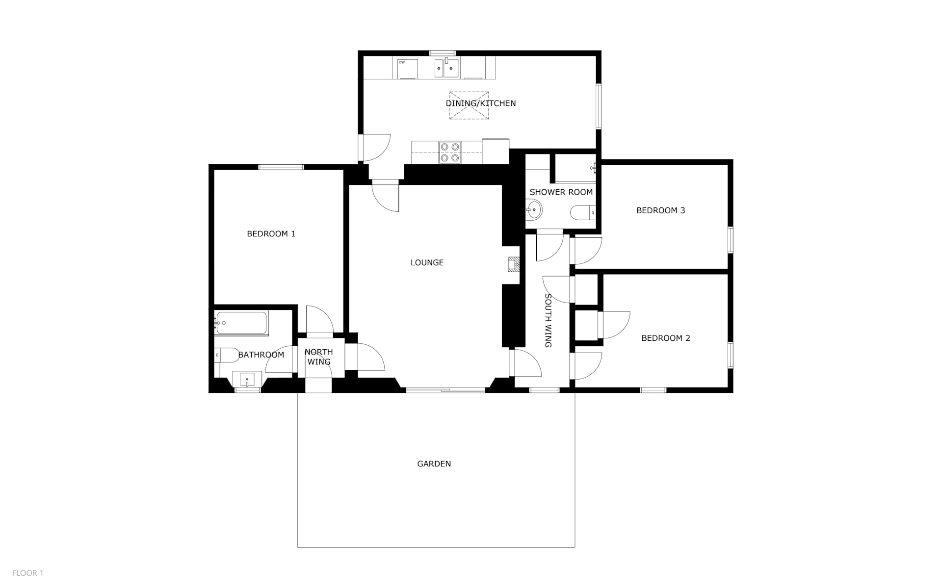 Mill View Cottage, St Monans floor plan Single-storey floor plan with a central lounge connecting two wings. The north wing includes bedroom 1 and a bathroom with bath, basin and toilet. The south wing contains bedrooms 2 and 3 and a separate shower room. At the rear of the property is an open dining and kitchen area, with access to a garden shown beyond the lounge.